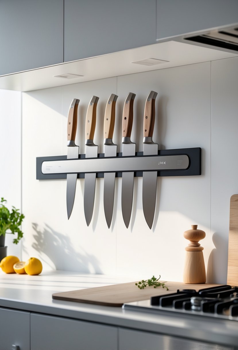 v2 11o7gk uomaa A modern kitchen countertop with a magnetic knife strip holding several knives, showing an organized and tidy cooking area.