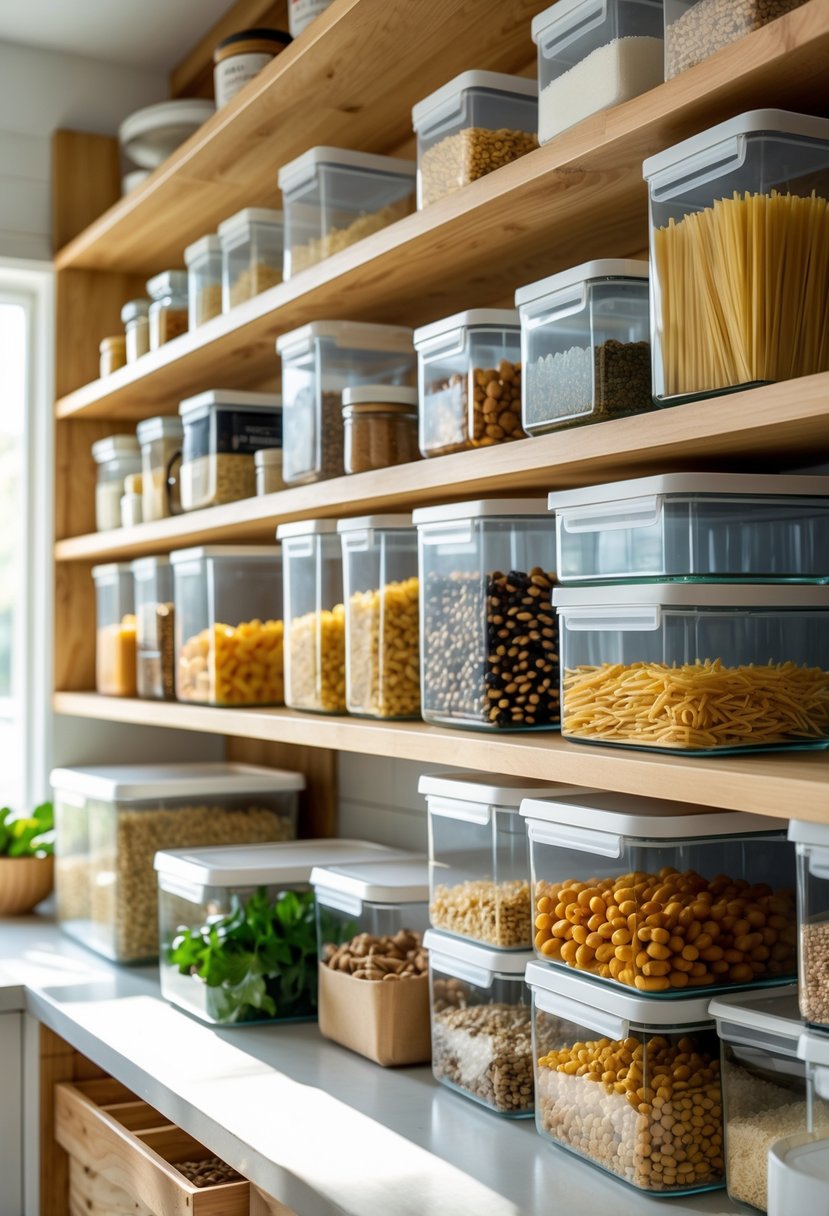 v2 11o7hs svcgf A tidy kitchen pantry with clear containers holding various dry foods neatly arranged on wooden shelves.