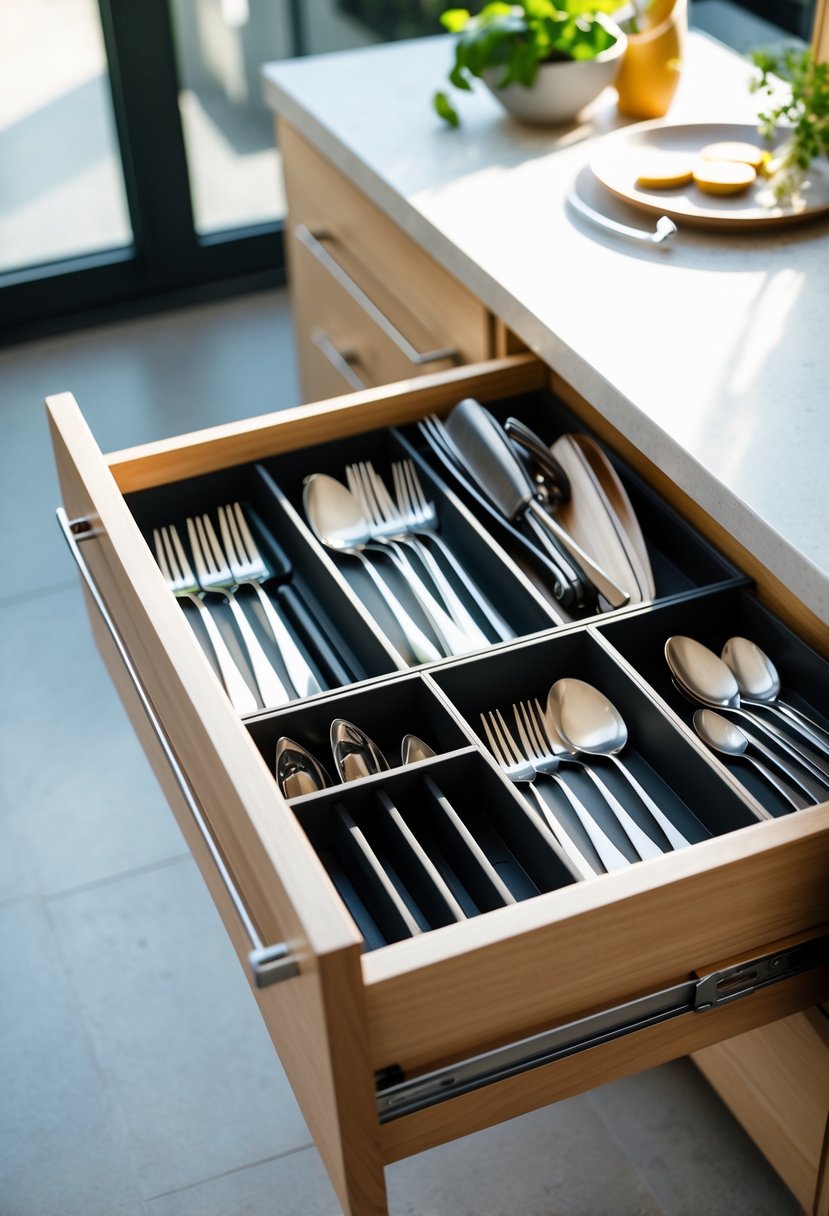 v2 11o7i6 aitjg Open kitchen drawer with neatly organized utensils separated by drawer dividers in a modern kitchen.
