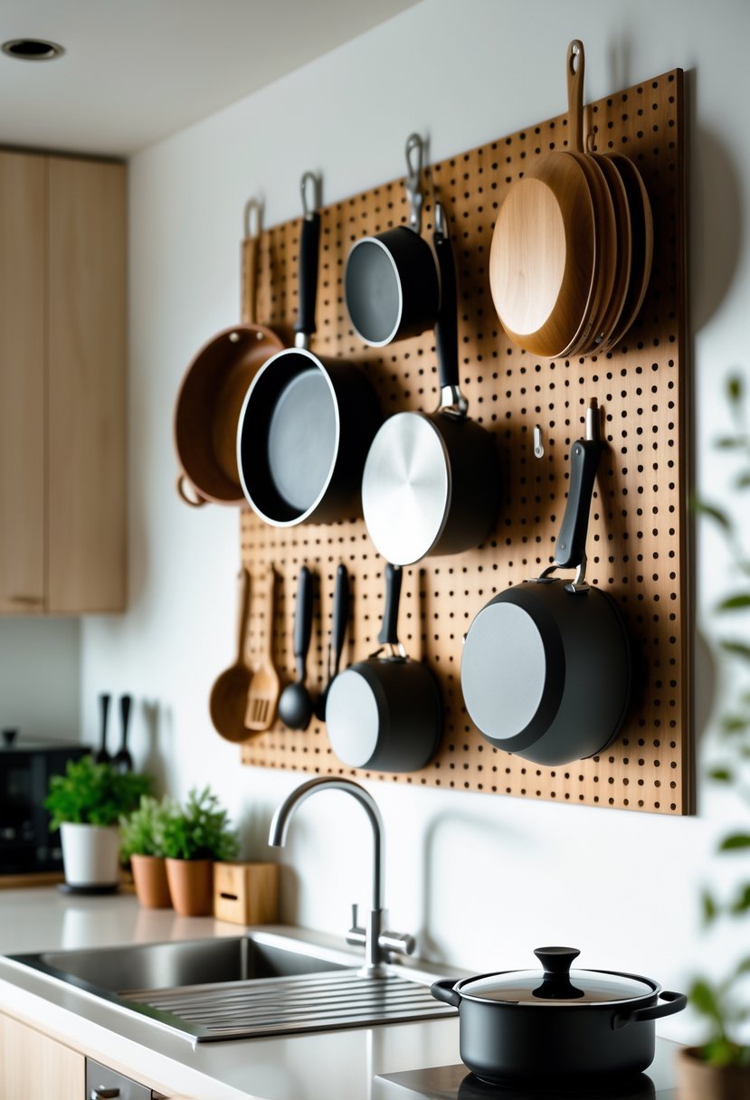 v2 11o7ik r4uth A kitchen wall with a wooden pegboard holding pots, pans, and utensils above a clean countertop.