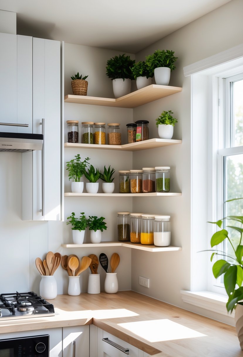 v2 11o7jr qe4vi A modern kitchen corner with floating shelves holding plants, spice jars, and utensils, making efficient use of the space.