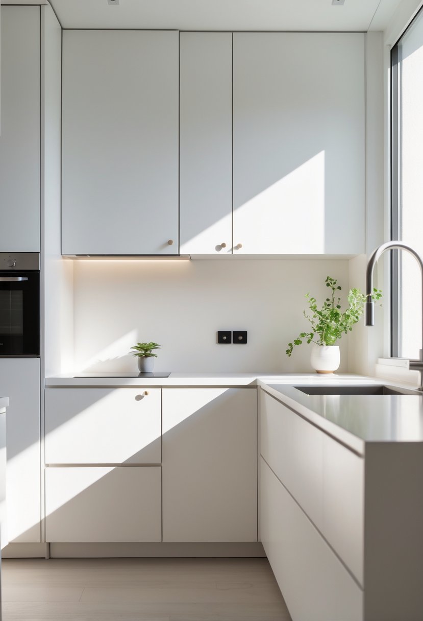 v2 11o7k6 A bright kitchen with white cabinets featuring small, simple cabinet handles and a clean countertop with minimal decor.