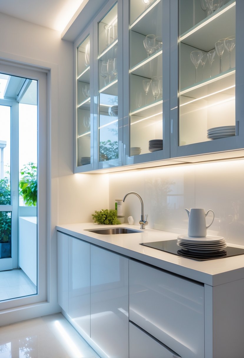 v2 11o7kk 4mgoh A small kitchen with glass-front cabinets displaying dishes and glassware, a clean countertop, and natural light coming through a window.