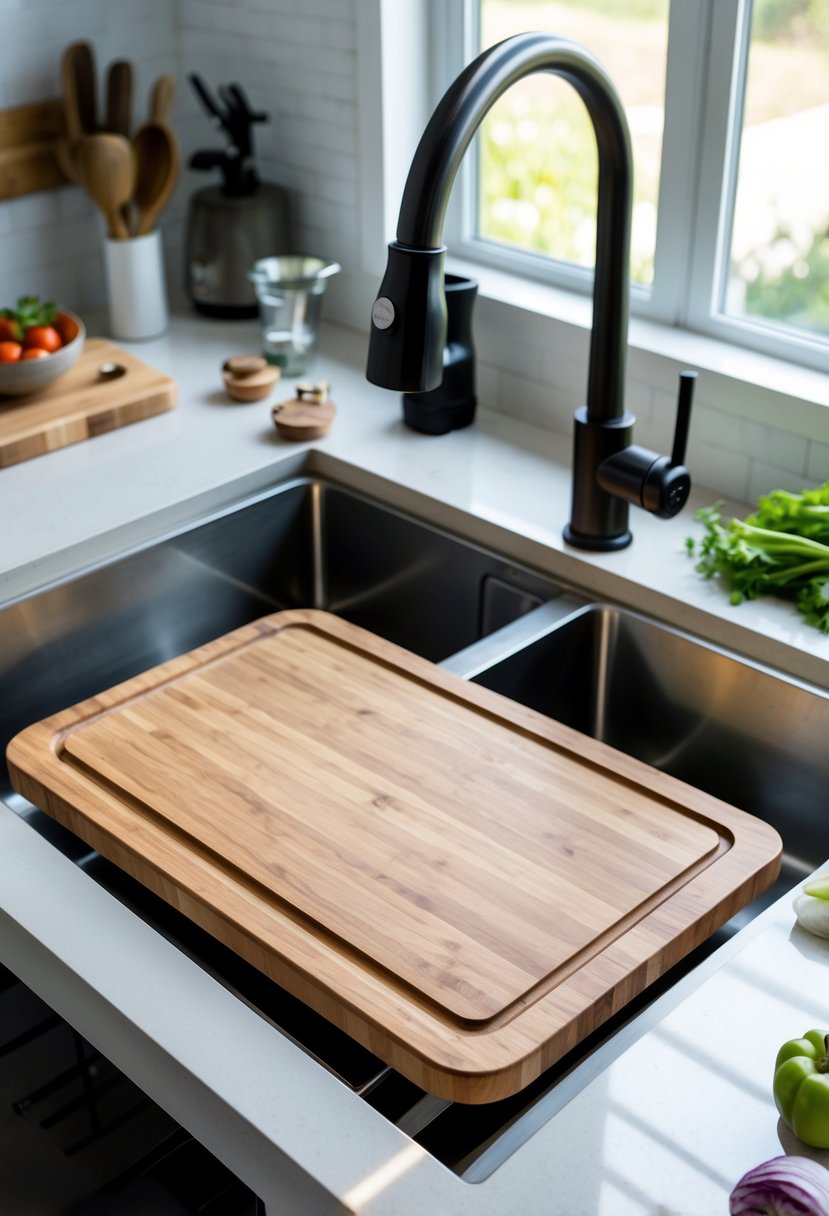 v2 11o7le uh661 A small cutting board placed over a kitchen sink, surrounded by compact kitchen tools and fresh vegetables on a clean countertop.