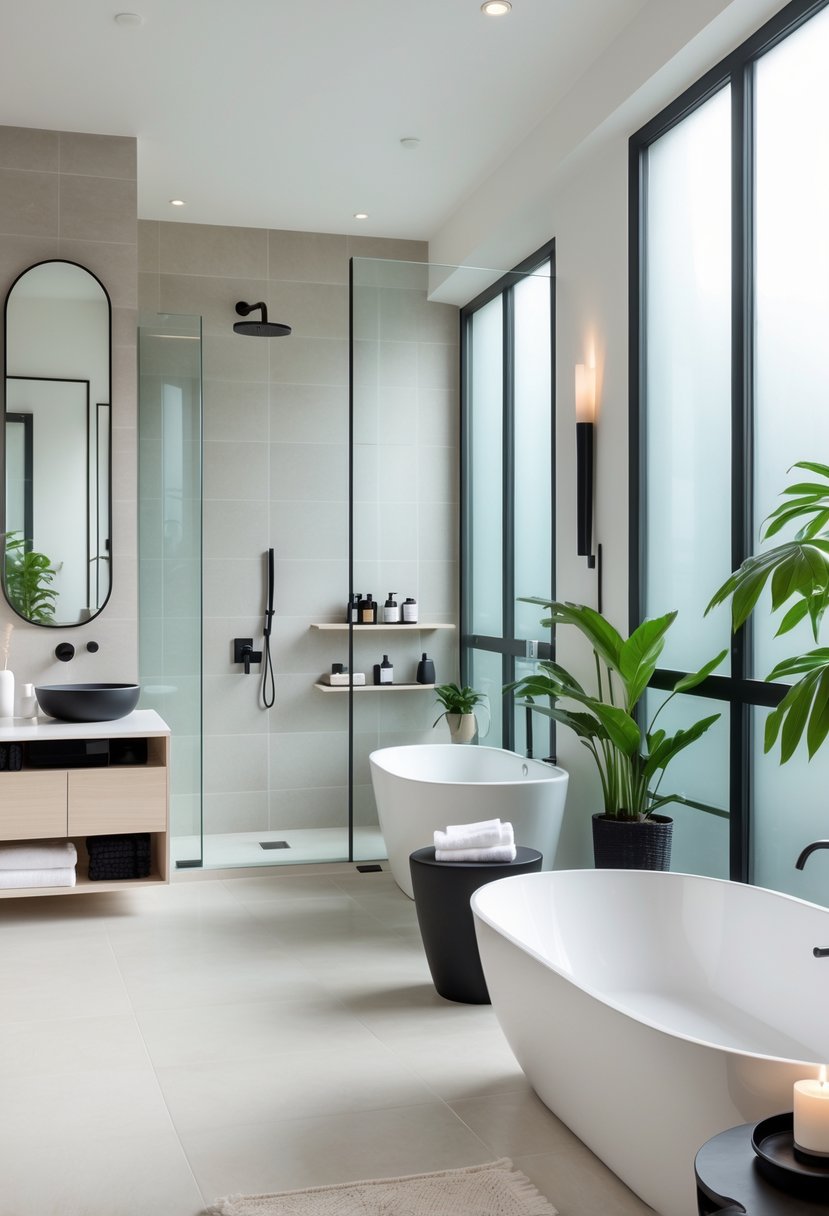v2 11o7s7 nln0h A spacious bathroom with a freestanding bathtub, glass shower enclosure, modern sink, shelves with toiletries, plants, and natural light.