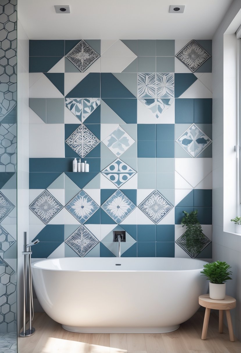v2 11o7sn j0ugl A modern bathroom with a white freestanding bathtub in front of a wall covered in geometric patterned tiles.