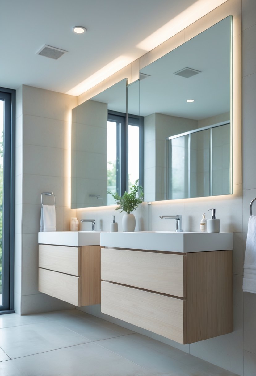 v2 11o7t2 fj9yg A bathroom with two floating vanities mounted on the wall, showing clear floor space underneath and modern fixtures.