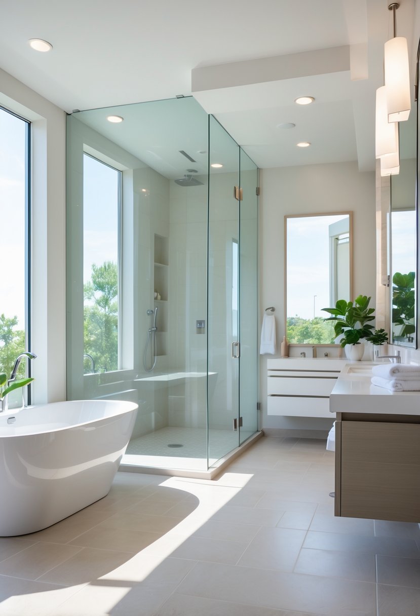 v2 11o7th g1bgs A bright bathroom with a frameless glass shower, a freestanding bathtub, and a wall-mounted vanity.