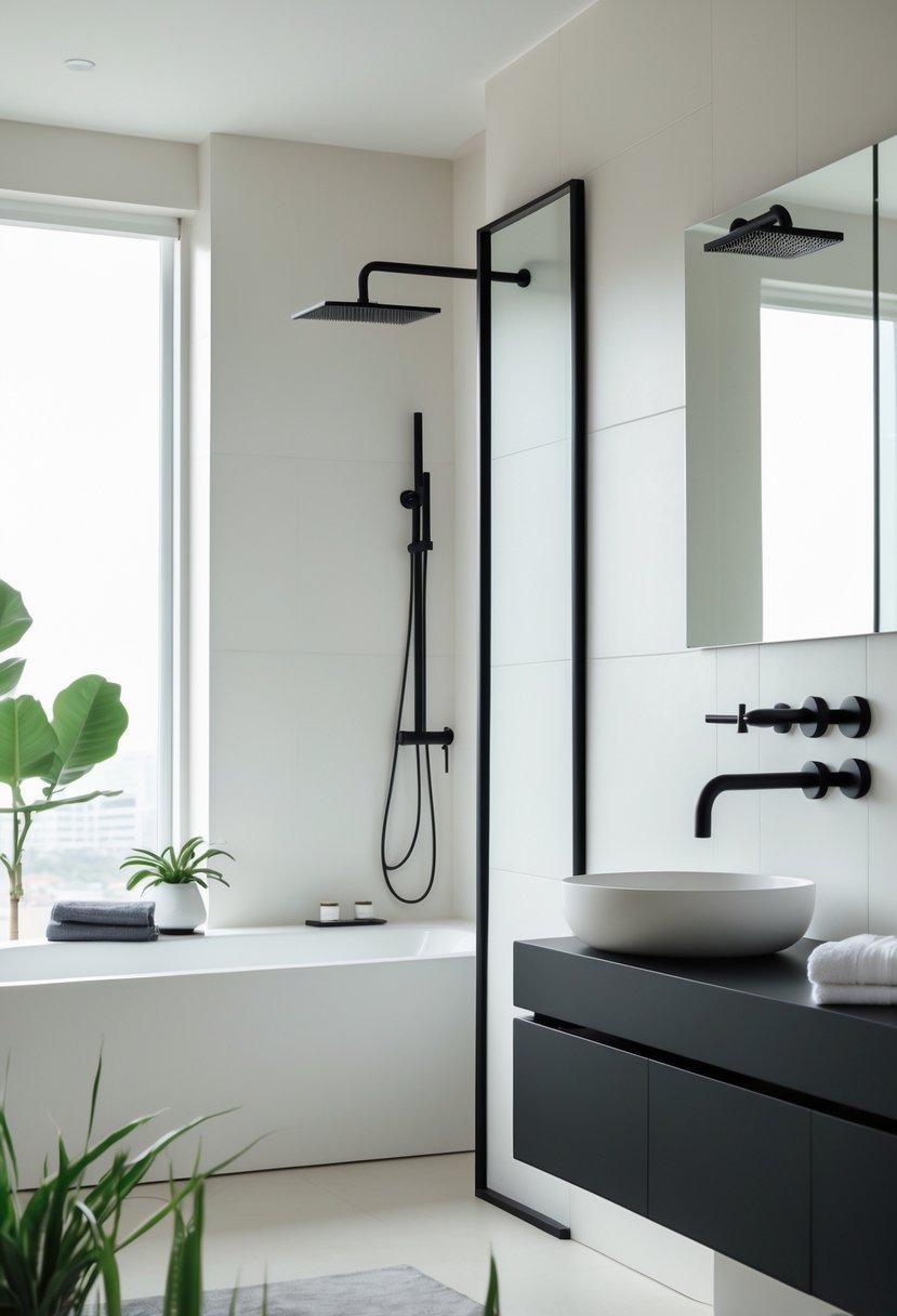 v2 11o7tv meipo A modern bathroom with matte black fixtures including a faucet and showerhead, a white sink and bathtub, natural light, and green plants.