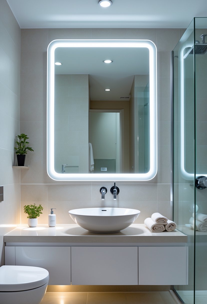 v2 11o7ua yceud A modern bathroom with an integrated LED-lit mirror, floating vanity, vessel sink, and glass shower enclosure.