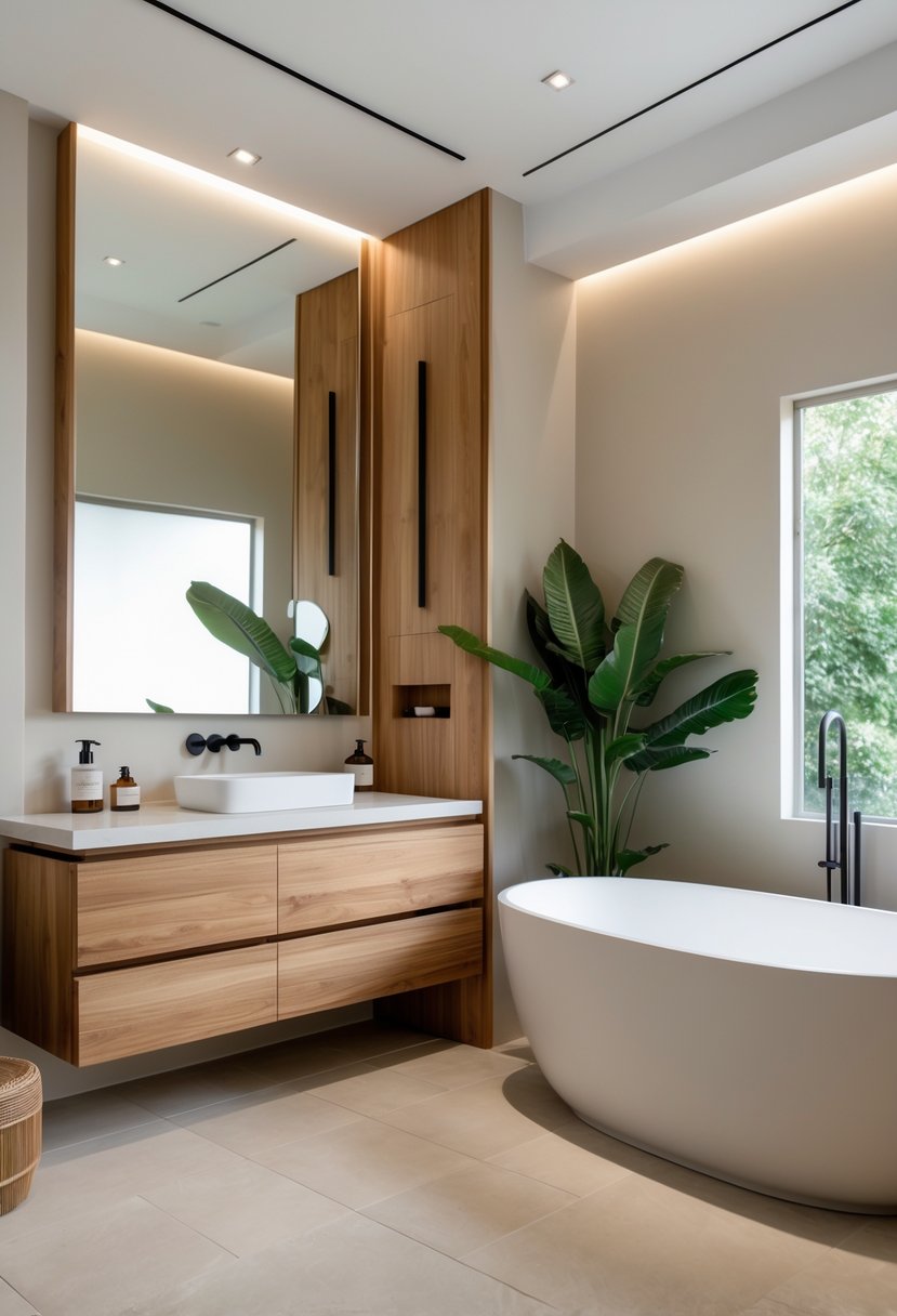 v2 11o7uo fbwet A modern bathroom with wood accents, a wooden vanity, white countertop, freestanding bathtub, neutral-colored walls and floor, and green plants.