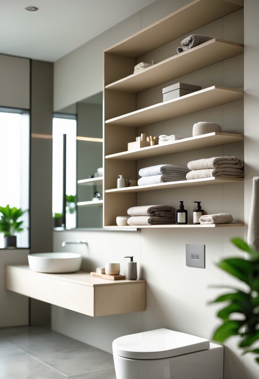 v2 11o7v3 A modern bathroom with open shelves holding towels, toiletries, and a small plant above a sink and mirror.