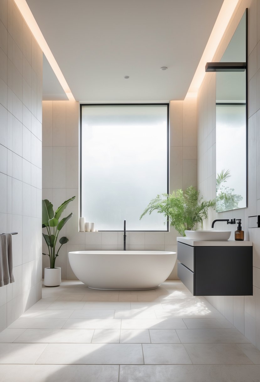 v2 11o7vh hgf38 A modern bathroom with large porcelain tiles, a freestanding bathtub, floating vanity, and natural light.