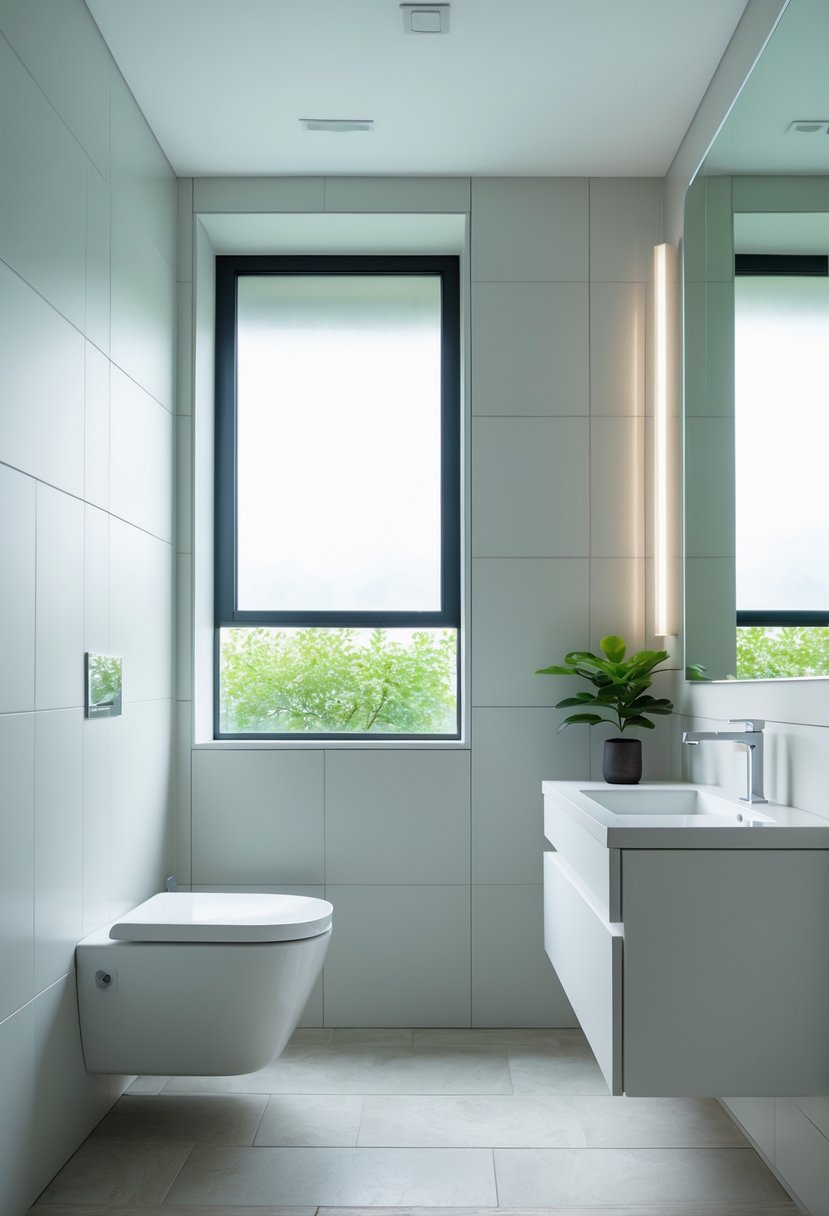 v2 11o7vw h1ghu A modern bathroom with a wall-mounted toilet, floating vanity, and a large frosted window letting in natural light.