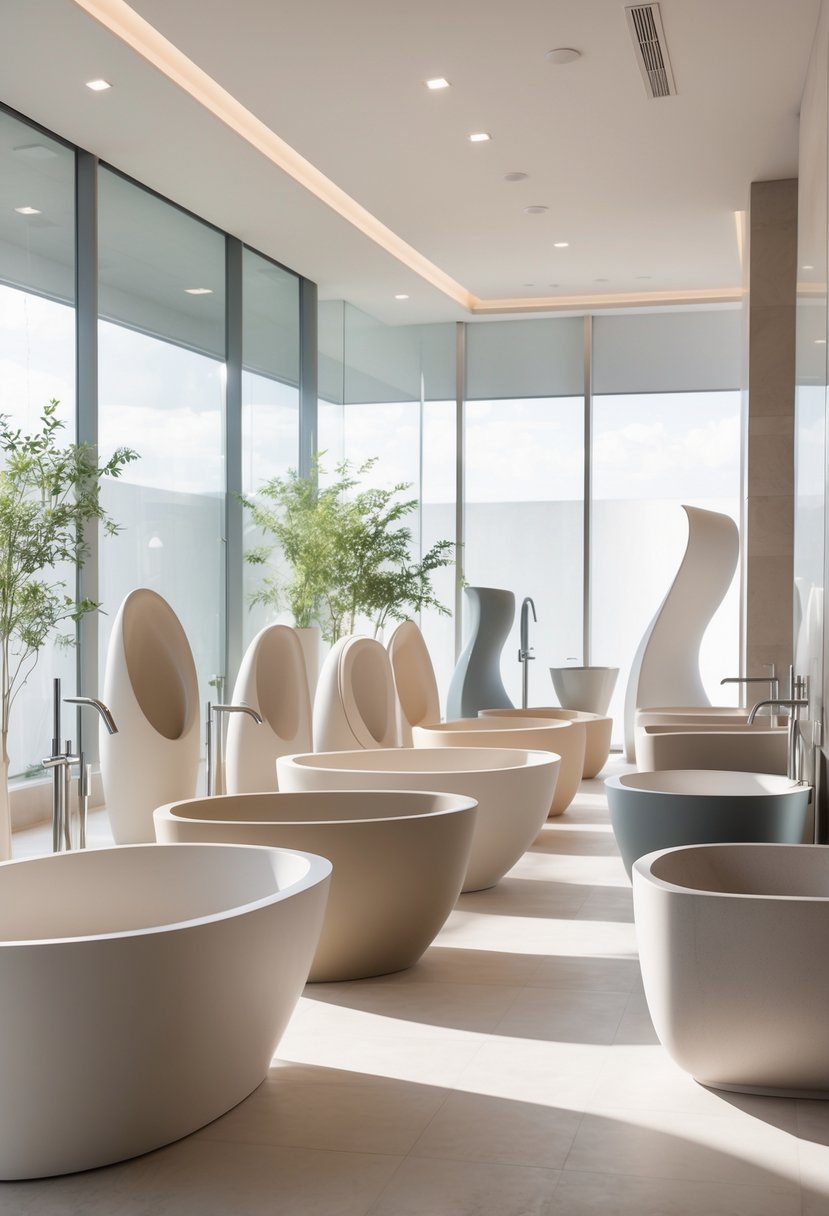 v2 11o7wh u9pwb A spacious bathroom area displaying multiple freestanding soaking tubs with artistic shapes and smooth surfaces under natural light.