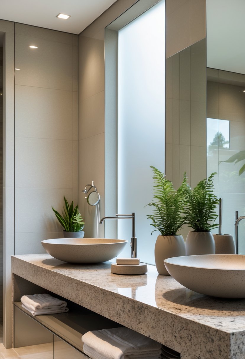 v2 11o7wu nwvk8 A modern bathroom with natural stone countertops, sinks, and a large mirror illuminated by natural light.