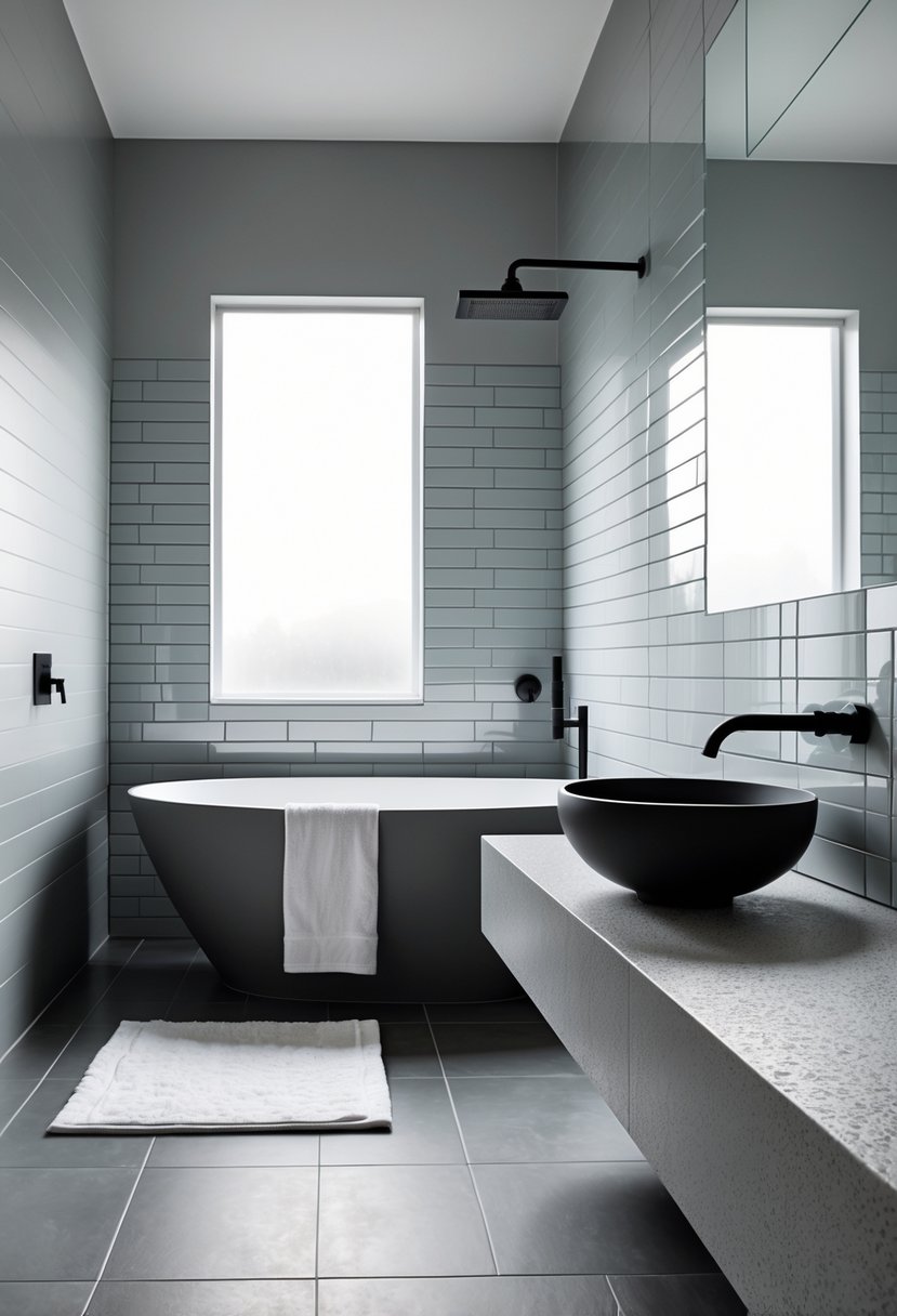 v2 11o7x8 f1fft A modern bathroom with a freestanding bathtub, stone countertop with sink, textured tiles, and natural light.