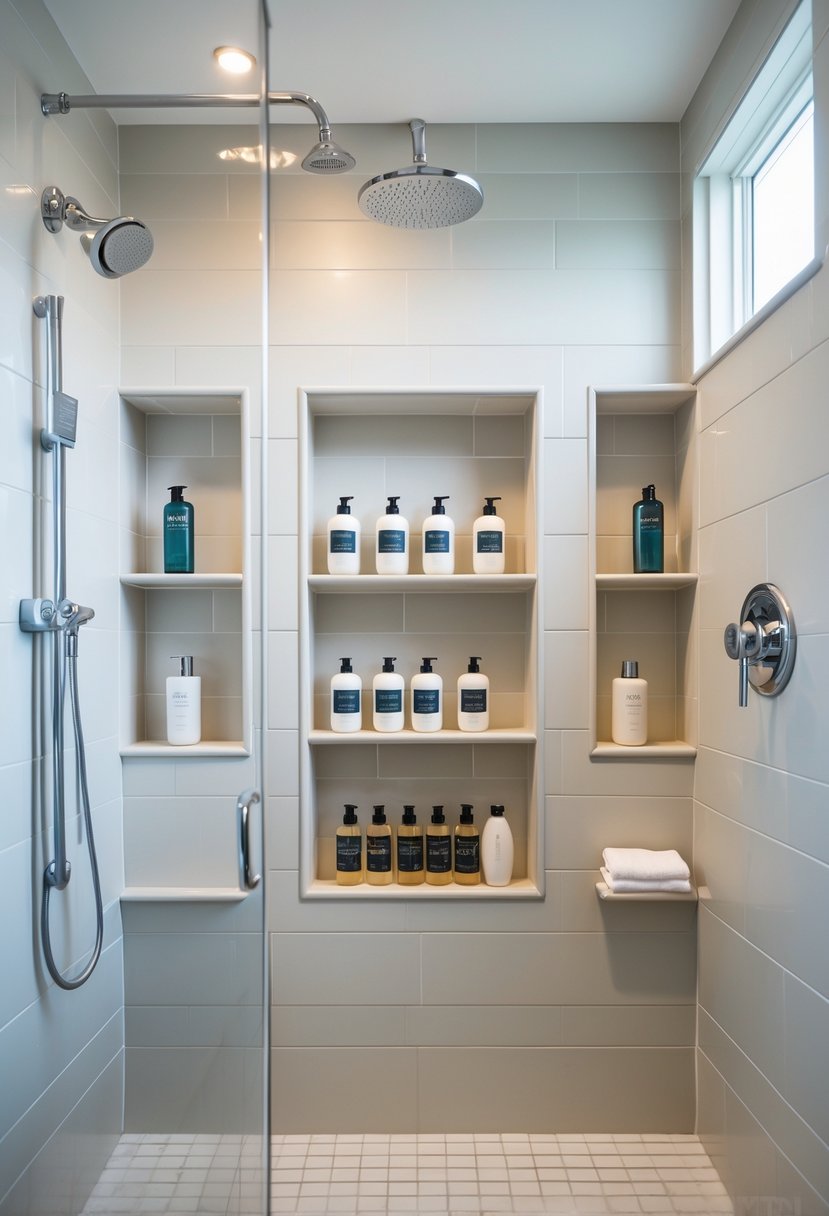 v2 11o7xl w4woh A modern bathroom shower with built-in recessed shelves holding toiletries inside the shower walls.