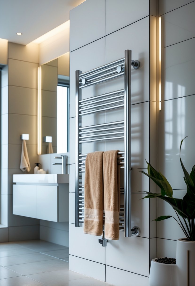 v2 11o7y1 2ubbi Modern bathroom with a heated towel rack holding warm towels next to a vanity and mirror.