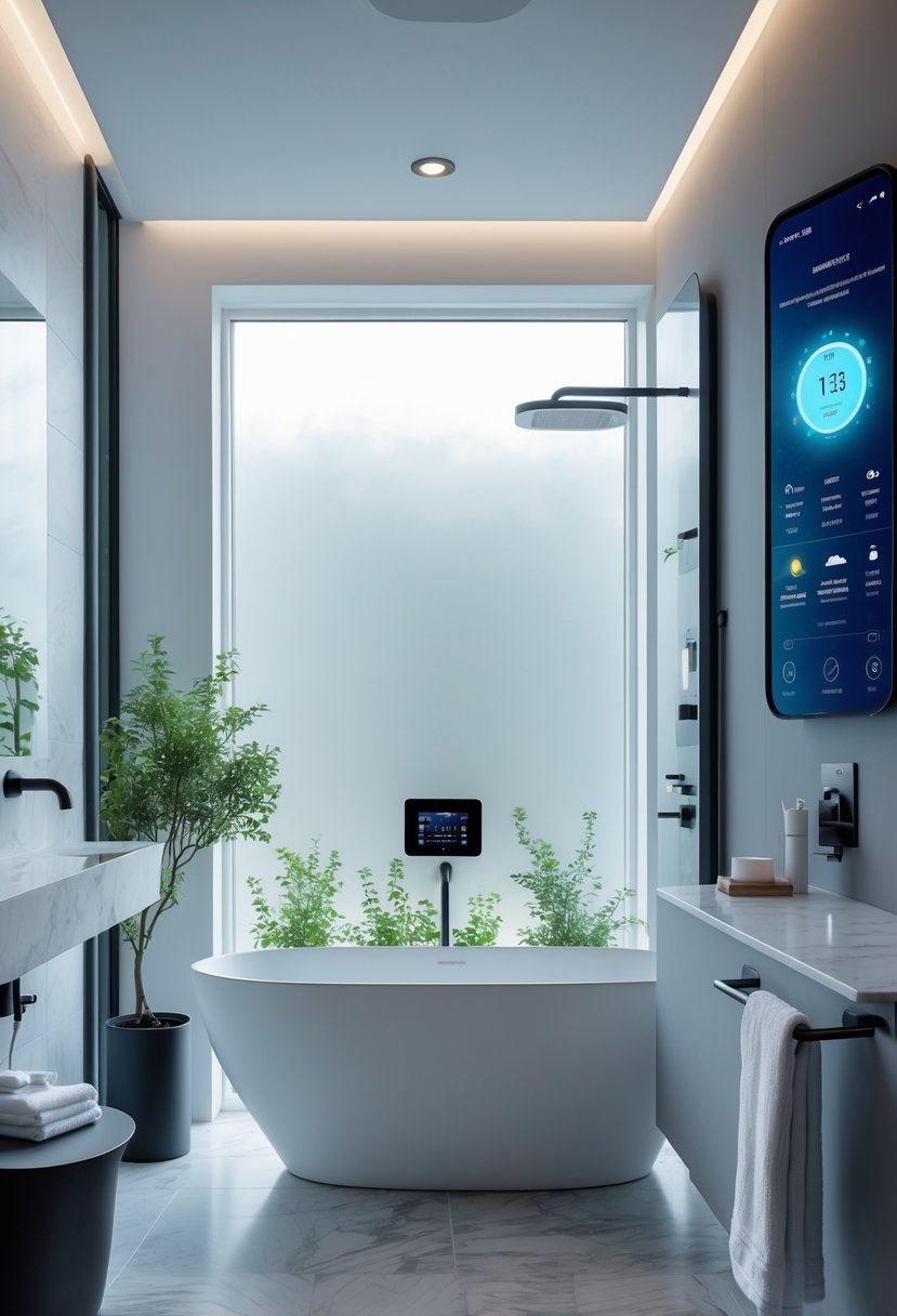 v2 11o7yk adsn7 A modern bathroom with a freestanding bathtub, smart mirror, touch-screen shower panel, automated lighting, and heated towel rack.