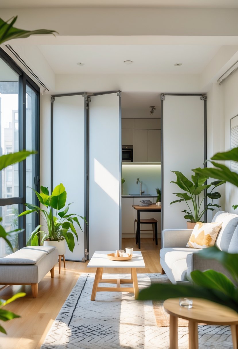 v2 11o8jy vgcgb Small apartment living room with removable room dividers separating a seating area from a dining nook, featuring furniture and plants.