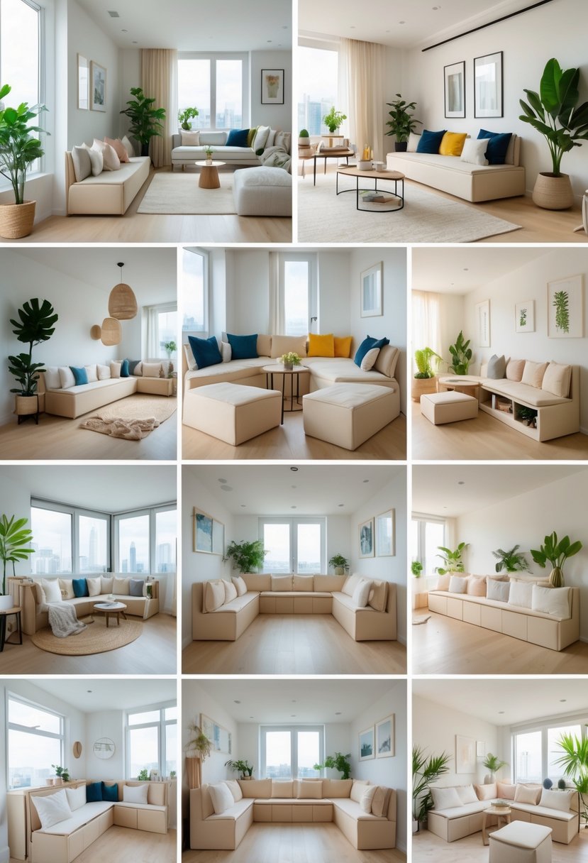 v2 11o8kp A small apartment living room featuring multiple benches with hidden storage compartments, decorated with cushions, plants, and natural light.