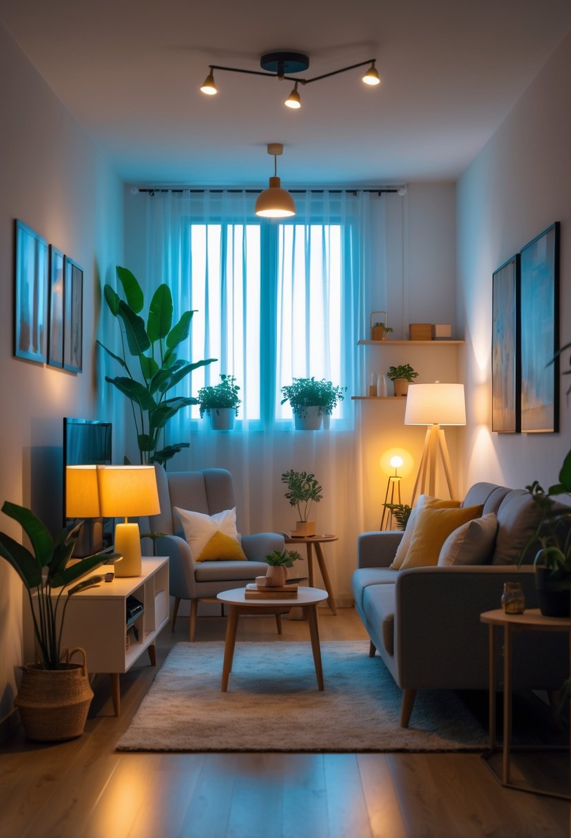 v2 11o8l3 mm2c9 A small living room in an apartment with layered lighting from floor and table lamps, featuring a sofa, coffee table, plants, and wall art.