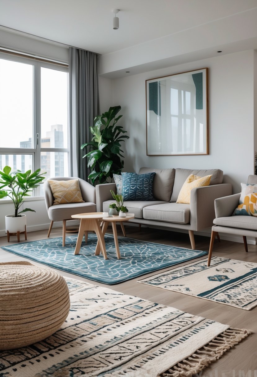 v2 11o8lj z5hqc Apartment living room with rugs defining separate seating, dining, and reading areas in a compact space.