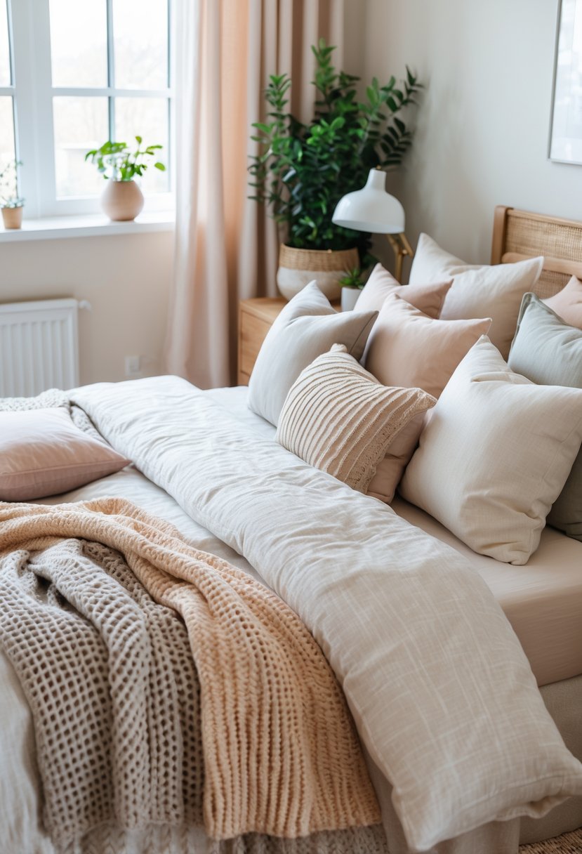 v2 11o8rm kcf6p A cozy bedroom with a neatly made bed featuring layered bedding and multiple pillows, bathed in natural light from a nearby window.