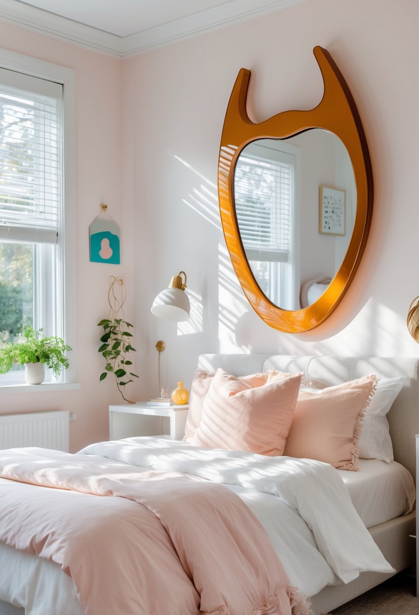 v2 11o8sn irs3w A cozy bedroom with a uniquely shaped mirror on the wall, soft bedding, and natural light coming through a window.