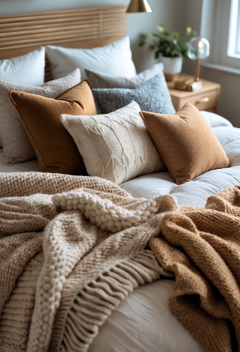 v2 11o8tm ua0d6 A cozy bedroom with a bed layered with throws and cushions, a bedside table with a lamp, and a potted plant.