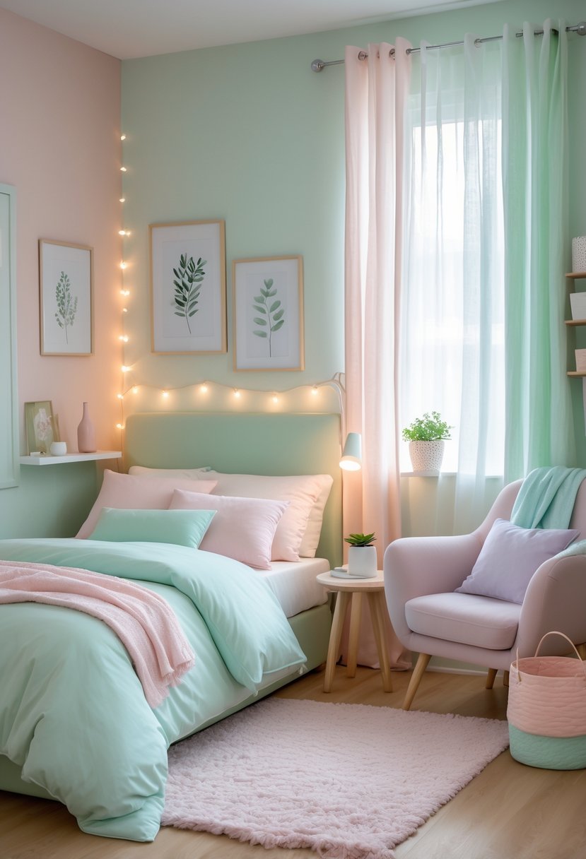 v2 11o8u0 w2ipe A cozy bedroom with a bed, pillows, bedside table with lamp and plant, soft pastel colors, natural light, and decorative accents.