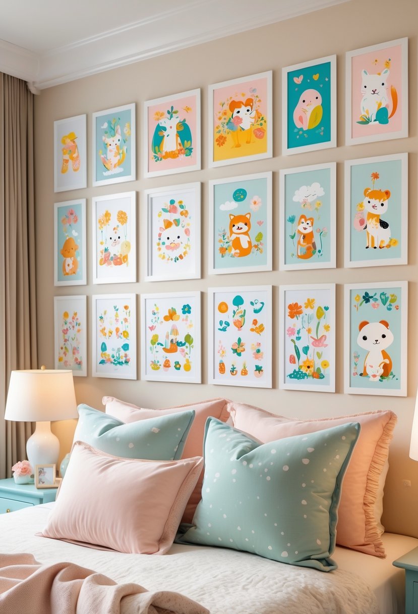 v2 11o8ui A cozy bedroom with a bed and a wall decorated with playful and colorful art prints.