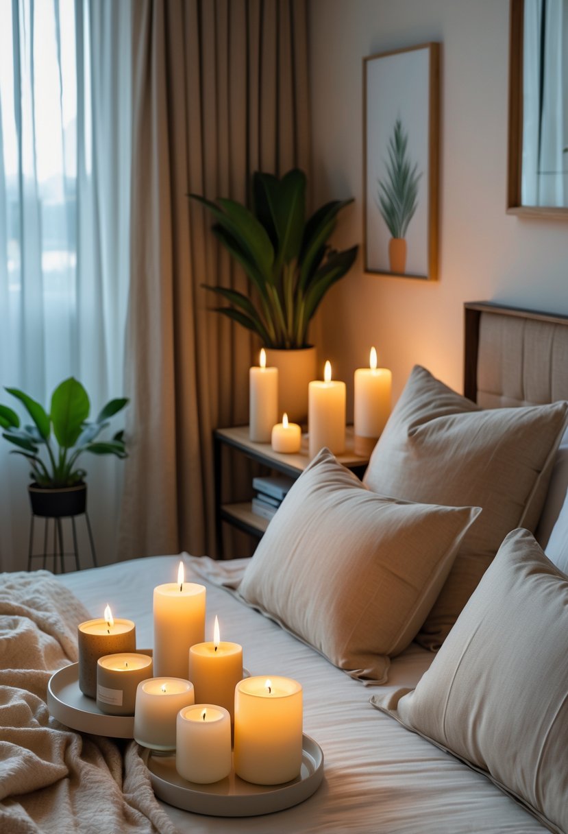 v2 11o8uw 9e83i A cozy bedroom with a made bed, scented candles glowing on bedside tables, plants, and soft natural light creating a warm atmosphere.