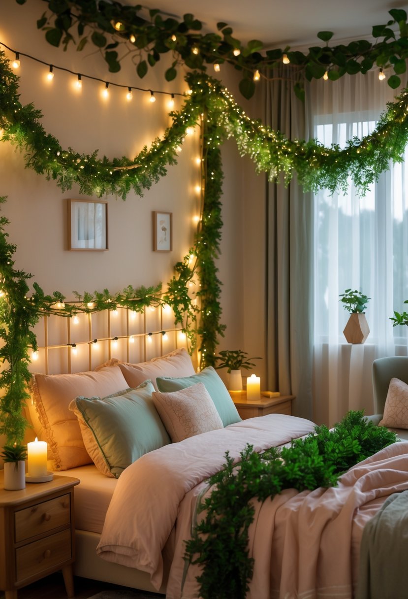 v2 11o8vb fyp0d A cozy bedroom with string lights and green garlands draped around the bed and window, featuring pastel bedding and soft natural light.