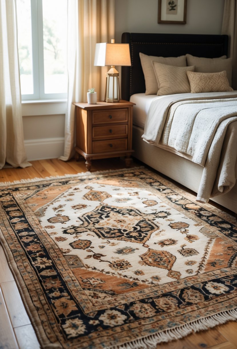 v2 11o8w5 clwwc A cozy bedroom with a bed, nightstand, lamp, and a patterned rug on the floor.