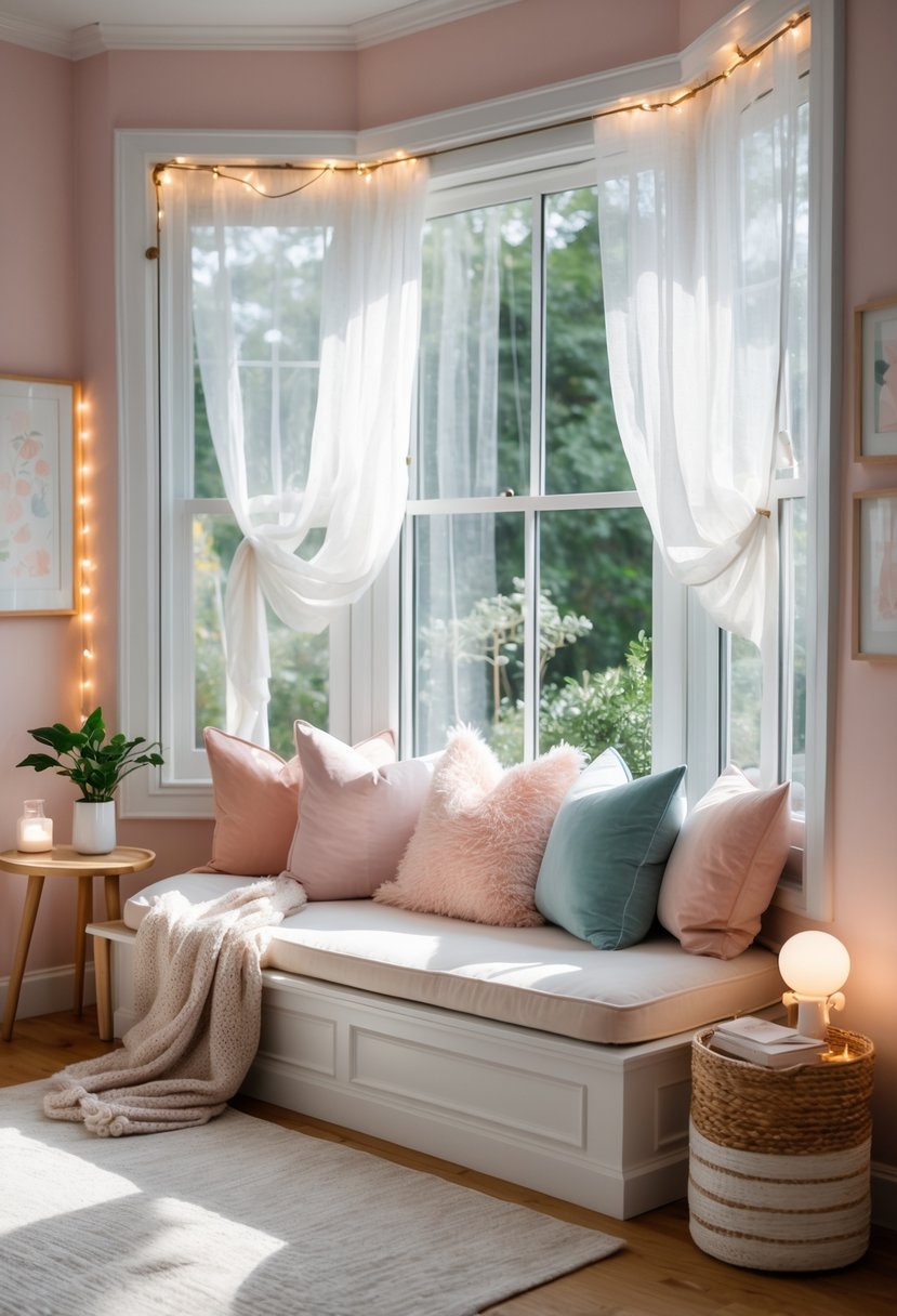 v2 11o8wp ln2fe A cozy bedroom with a window seat filled with plush pillows, surrounded by soft lighting and decorative bedroom elements.