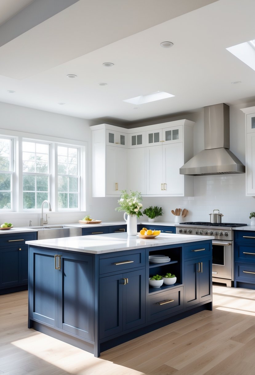 v2 11o99p 2c718 A modern kitchen with navy blue and white cabinets, a large island, stainless steel appliances, and natural light coming through windows.
