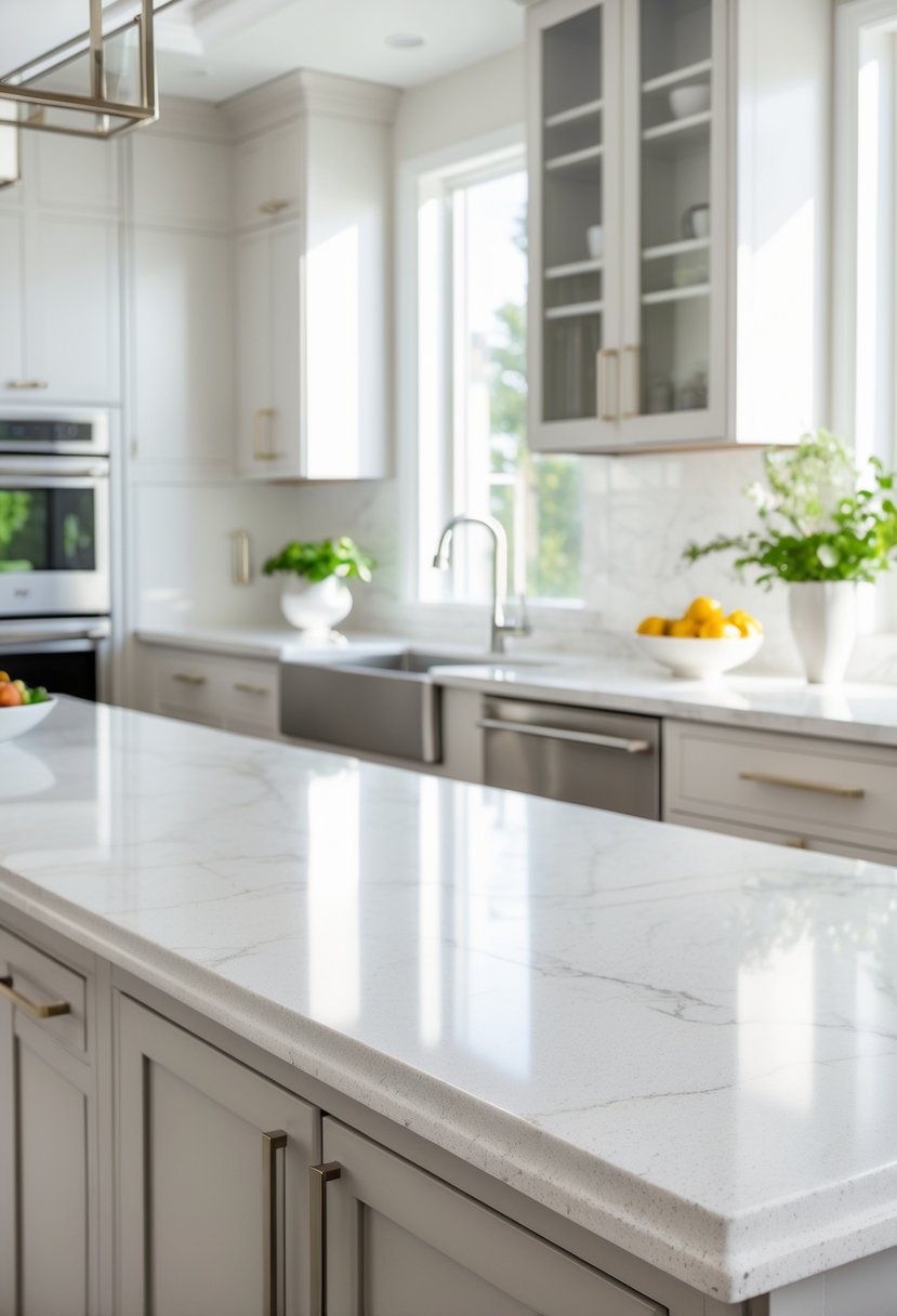 v2 11o9a1 whb2f A modern kitchen with quartz countertops featuring subtle veining, cabinets, appliances, and natural light.