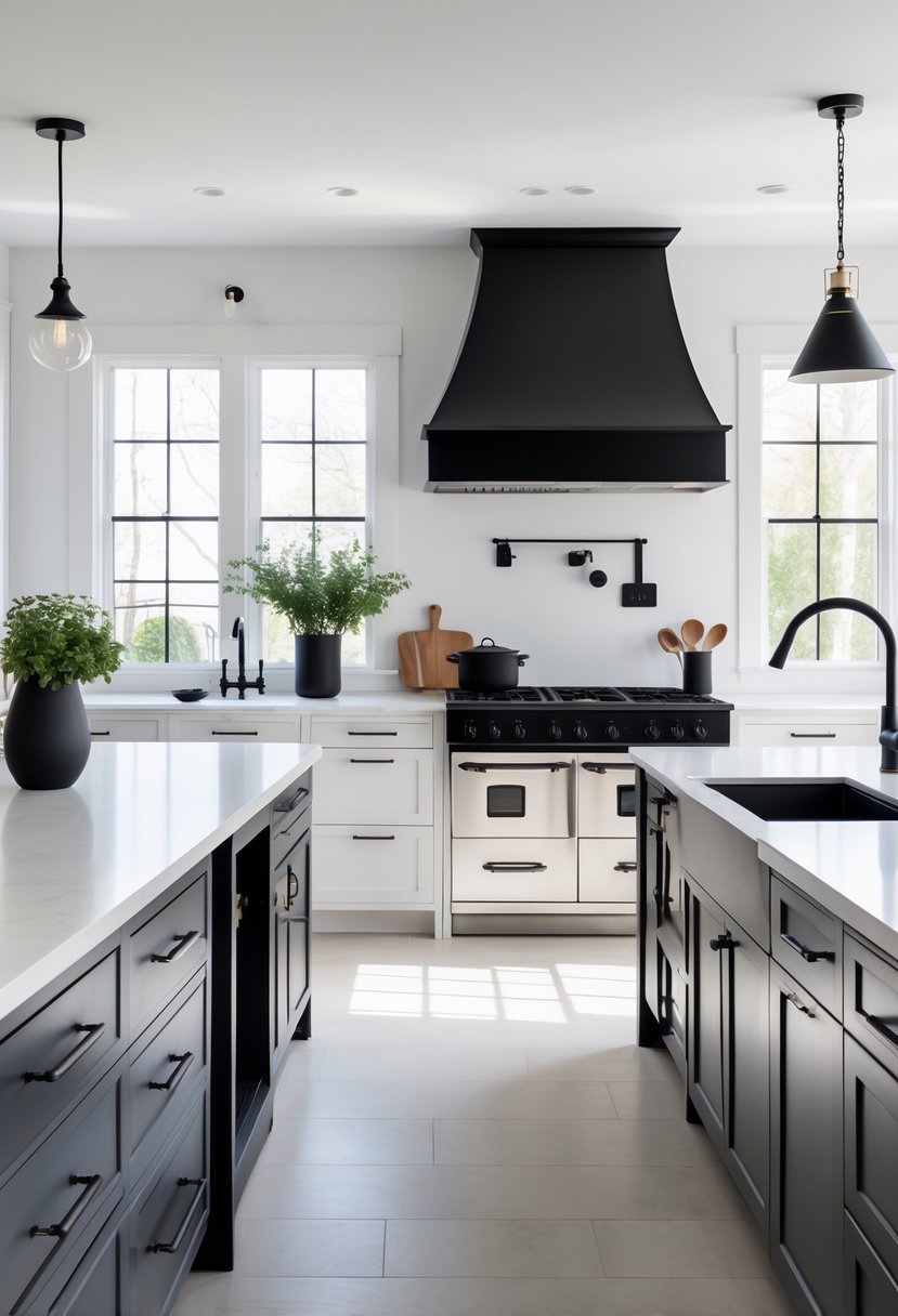 v2 11o9ac 2no8u A modern kitchen with matte black cabinet handles, faucets, light fixtures, and appliances, featuring a large island and natural light.