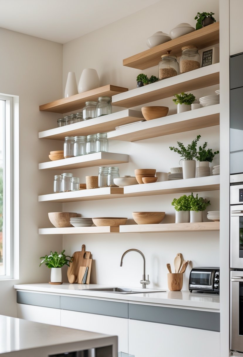 v2 11o9ba zisch A modern kitchen with floating open shelves displaying kitchen items like jars, bowls, and plants above a clean countertop.