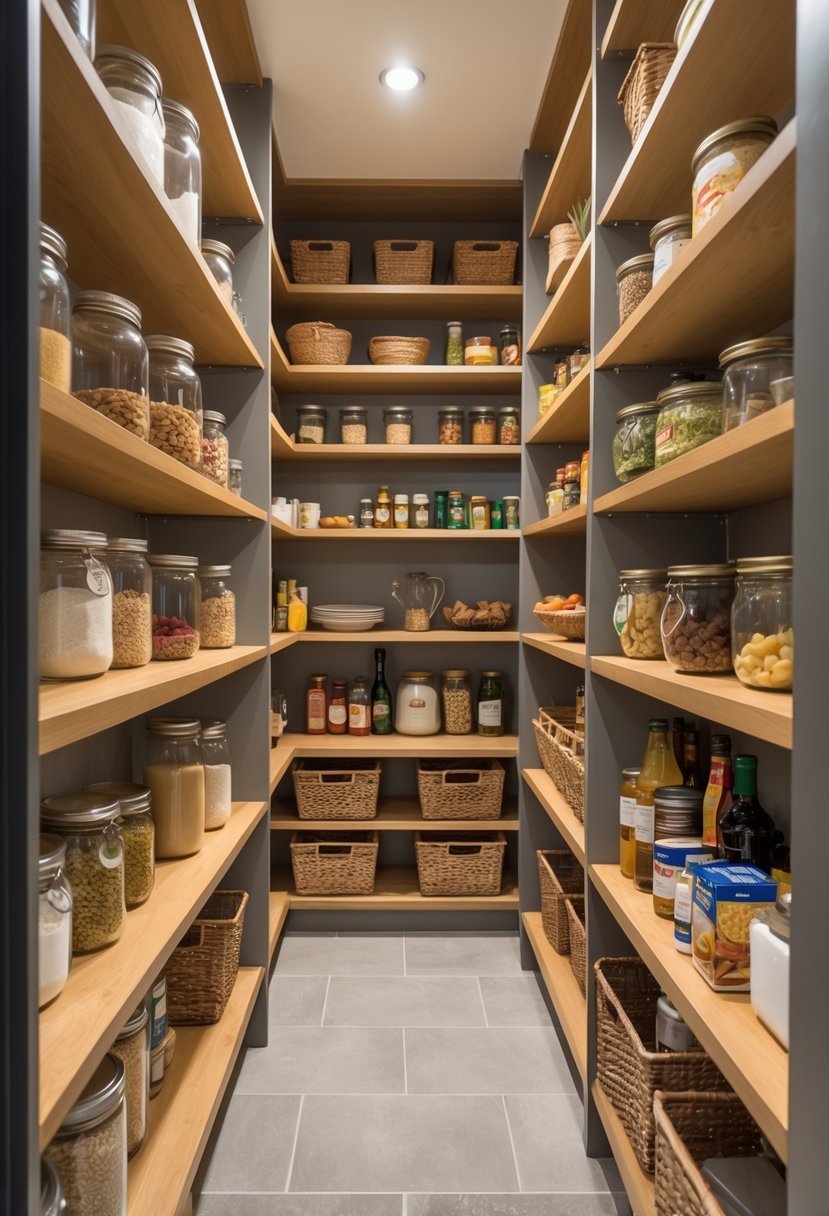 v2 11o9ca lvj2g A walk-in pantry with custom wooden shelves filled with organized kitchen items and containers.