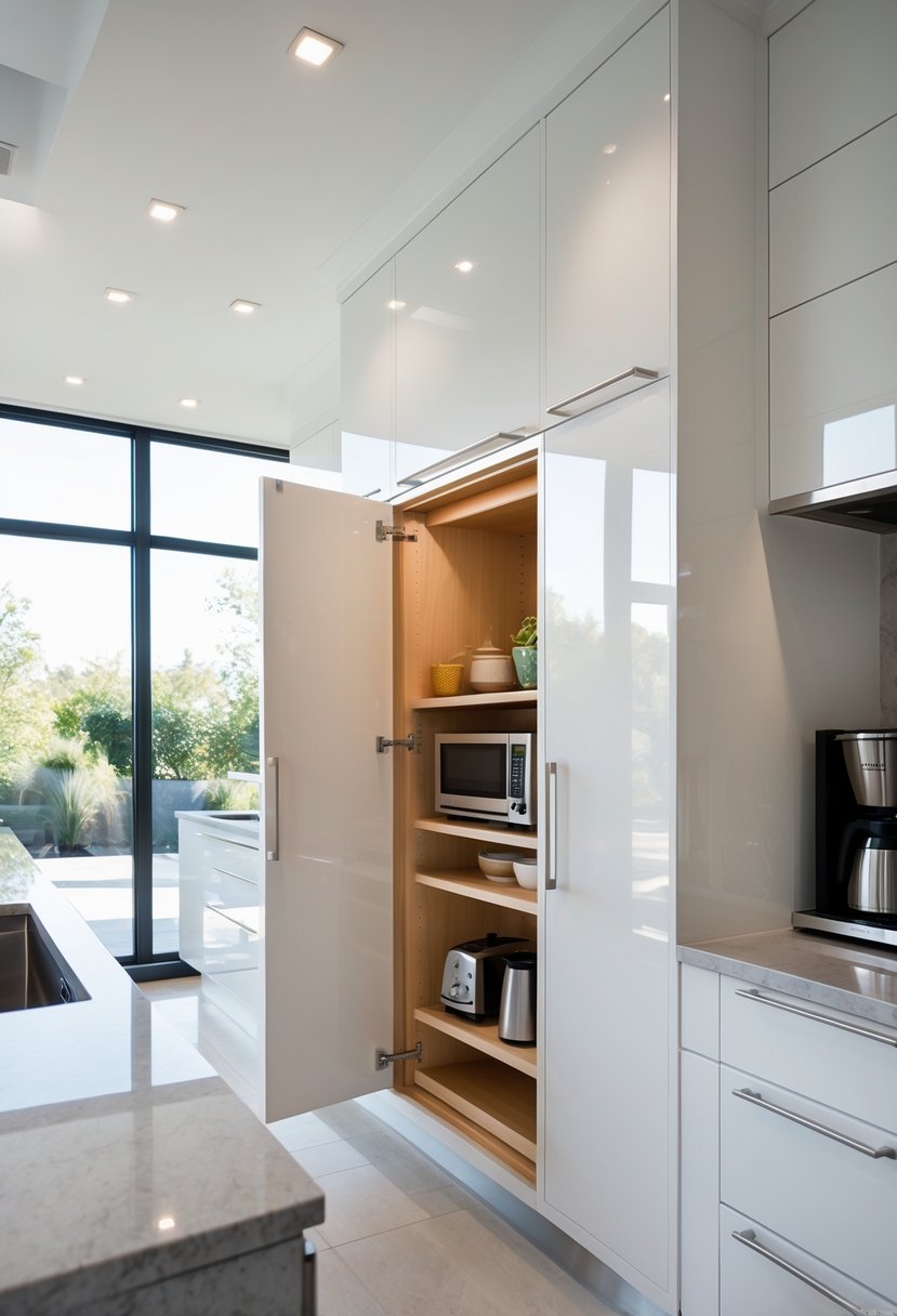 v2 11o9cl 05fdj A modern kitchen with an open built-in cabinet hiding small appliances, showing a clean and organized countertop.
