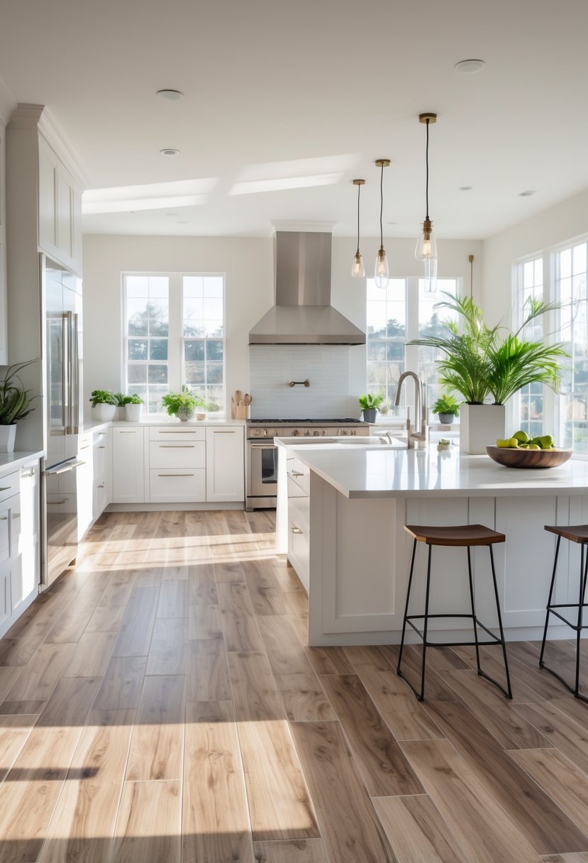 v2 11o9d7 ni0zo A modern kitchen with wood-look tile flooring, white cabinets, a large island, and stainless steel appliances.