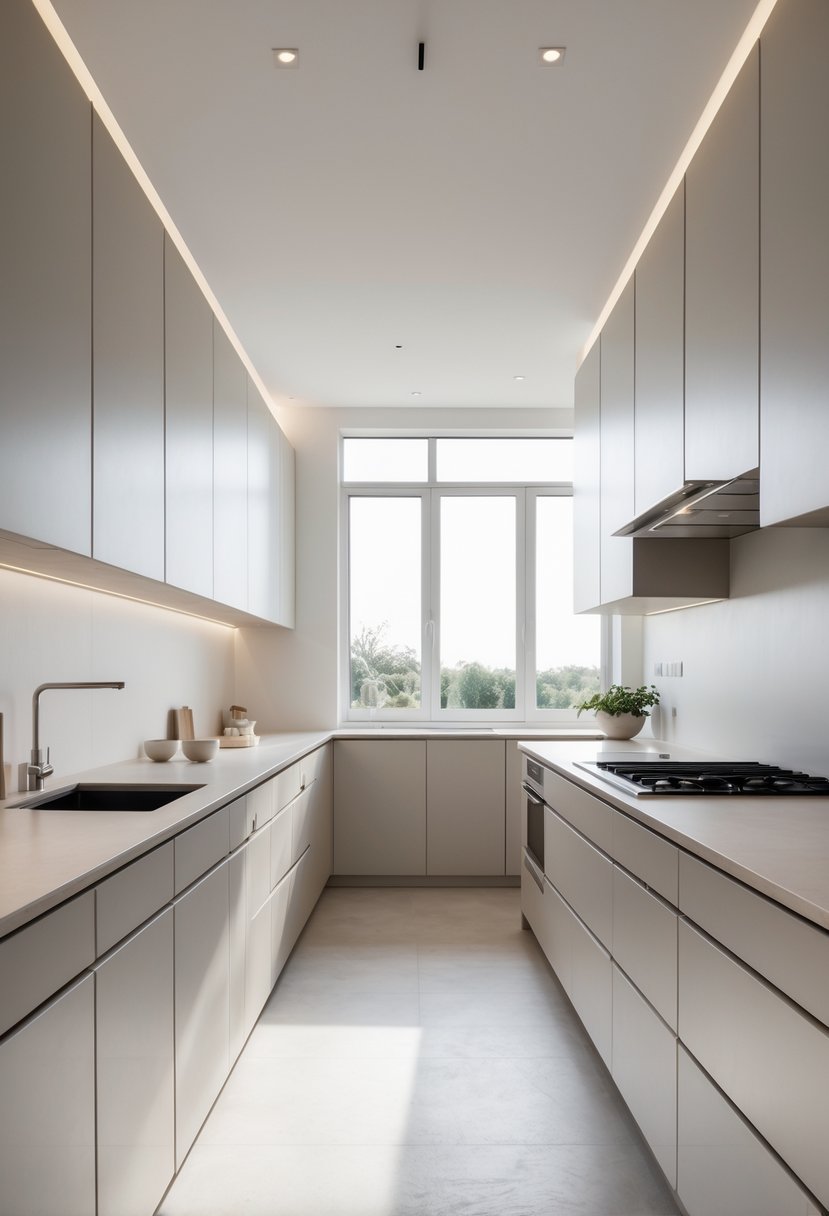 v2 11o9dj 35l2u A bright kitchen with smooth, handleless cabinets, a clean countertop, and integrated appliances.