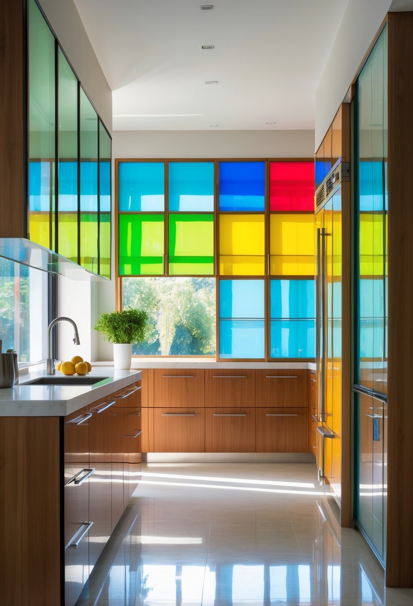 v2 11o9dz hs5ko A modern kitchen with colorful glass cabinet doors in various vibrant shades surrounding a kitchen island.
