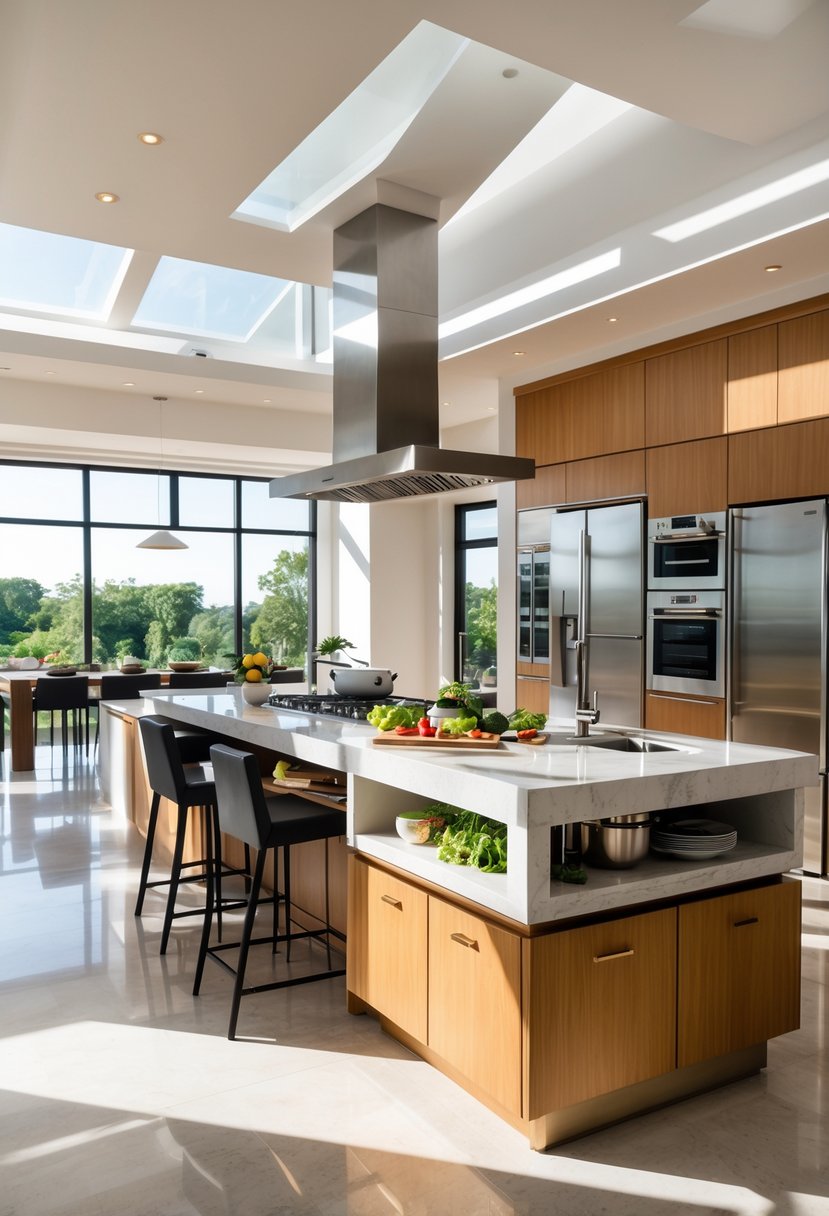 v2 11o9ea kdzkd A modern kitchen with a large island featuring a built-in prep sink, surrounded by stools and kitchen appliances.