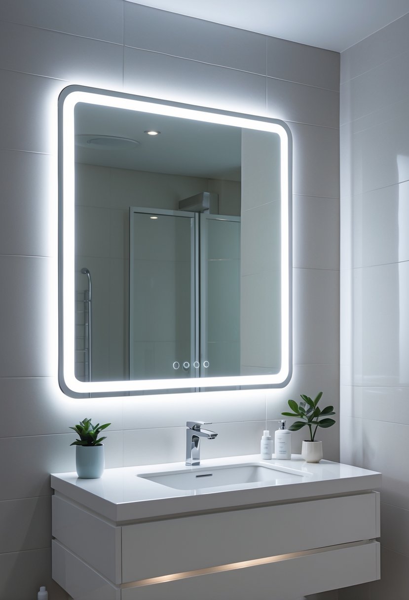 v2 11oa37 iqpql A bathroom with a rectangular backlit LED mirror above a white vanity with a faucet and small plant on the counter.