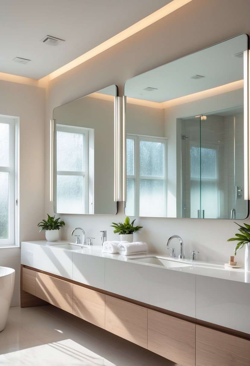 v2 11oa44 t57bw Spacious bathroom with large rectangular mirrors above a double vanity, a freestanding bathtub, and natural light filling the room.