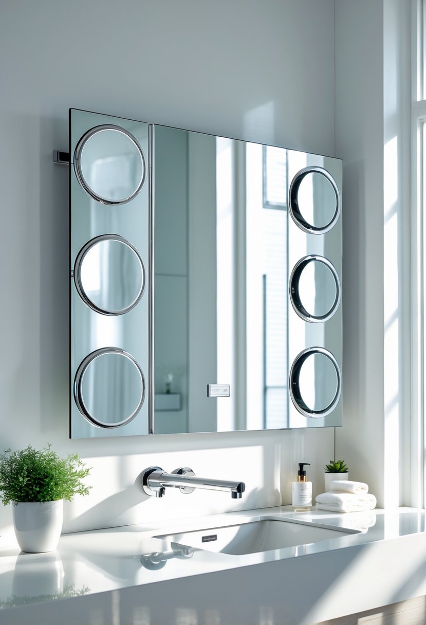 v2 11oa6d A modern bathroom with a wall-mounted mirror that has built-in magnifying panels, a countertop with a faucet, a small plant, and toiletries.